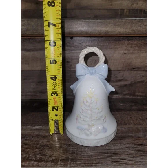 White Porcelain Christmas Musical Bell With Christmas Tree And Blue Bow 6 inch - Picture 7 of 7